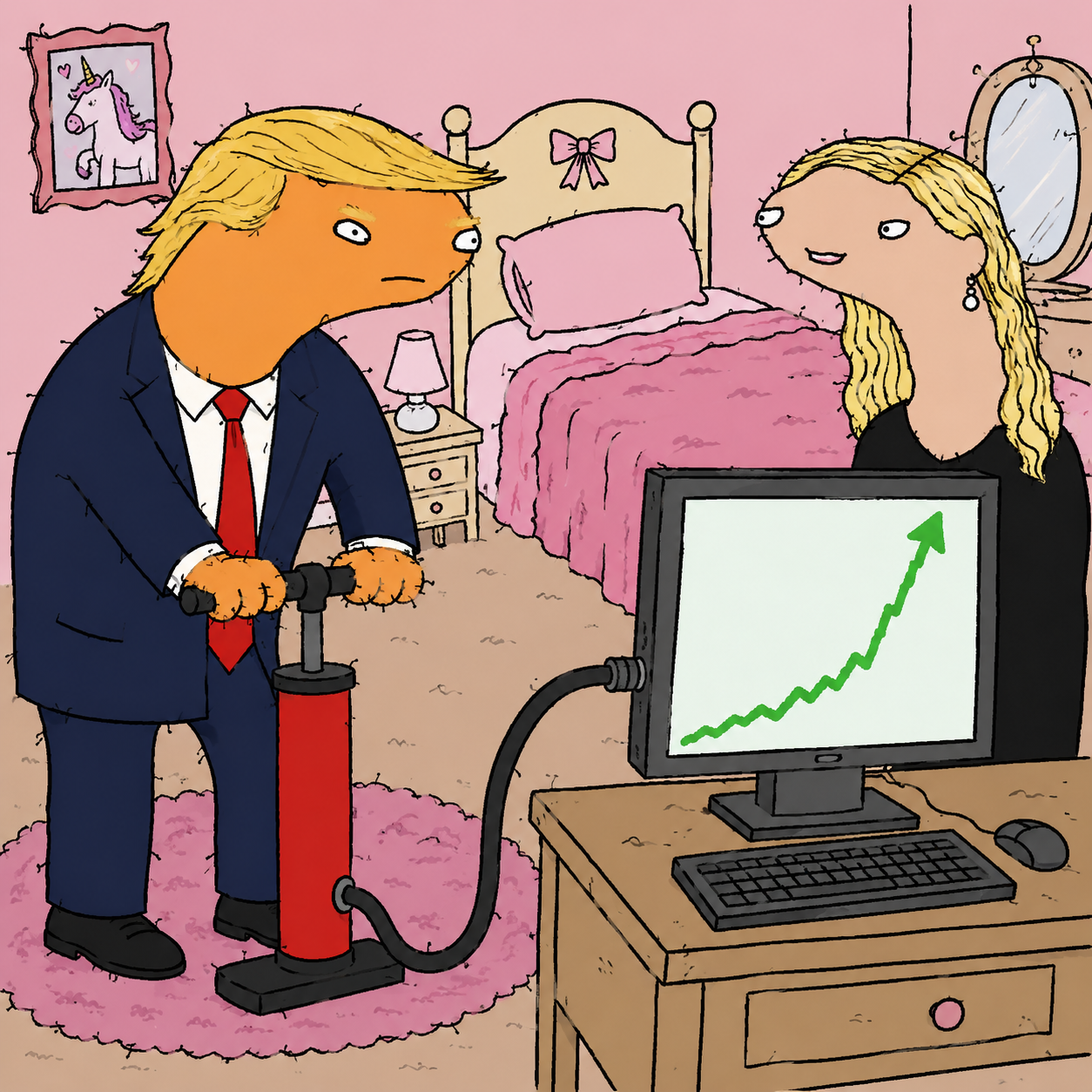 Cartoon of Donald Trump pumping a rising green chart with IVENKA sitting beside a computer in a pink bedroom